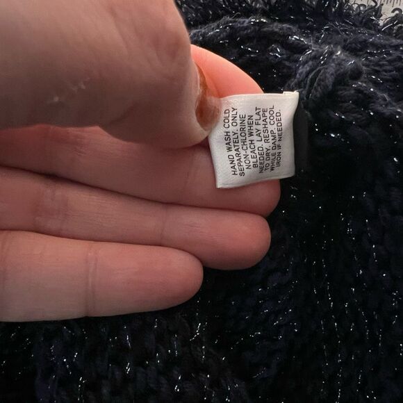 Express Navy Silver Metallic Hints Frayed Knit Long Sleeve Sweater Size Small - Picture 9 of 10